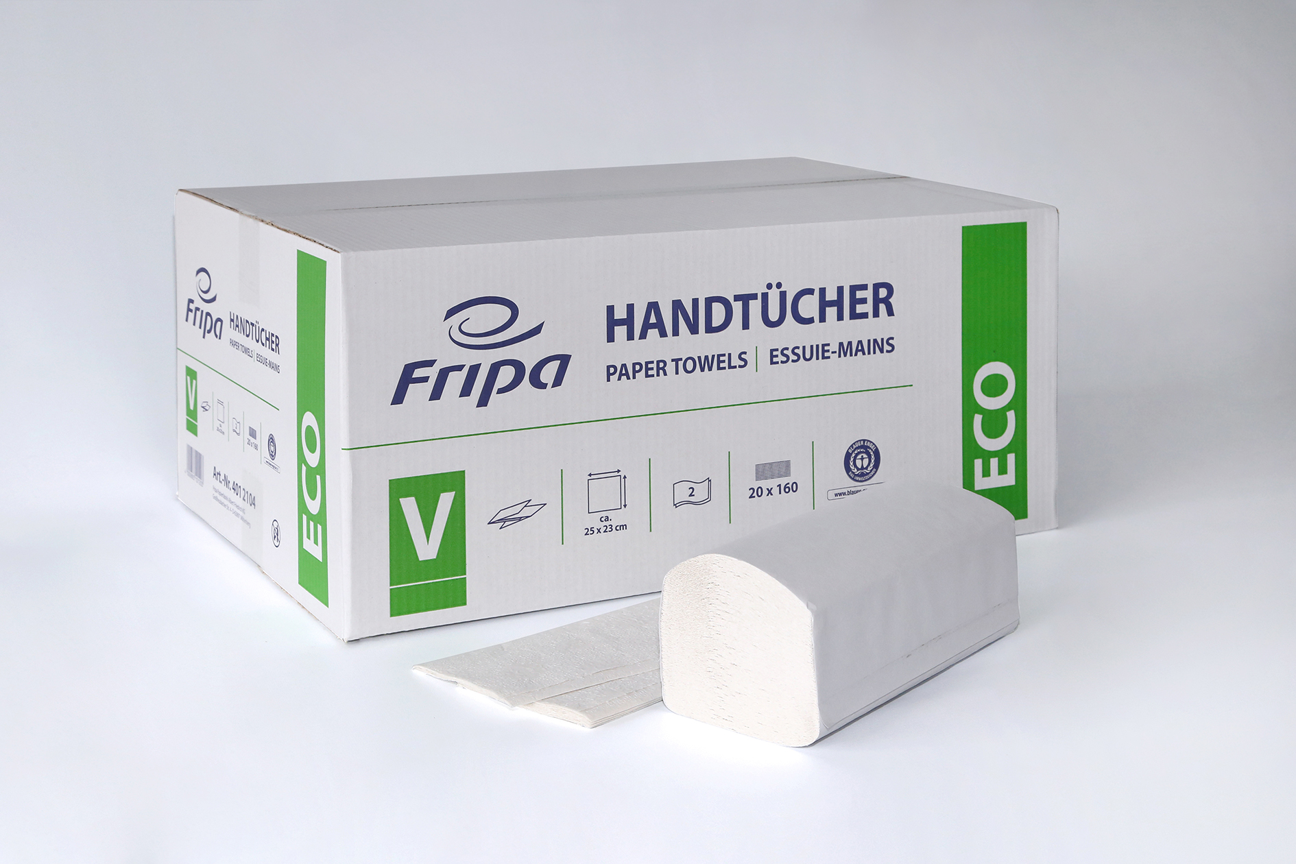 Fripa ECO Papierhandtücher, 25 x 23 cm, 2-lagig, V-Falz, recycelt - 1 Palette