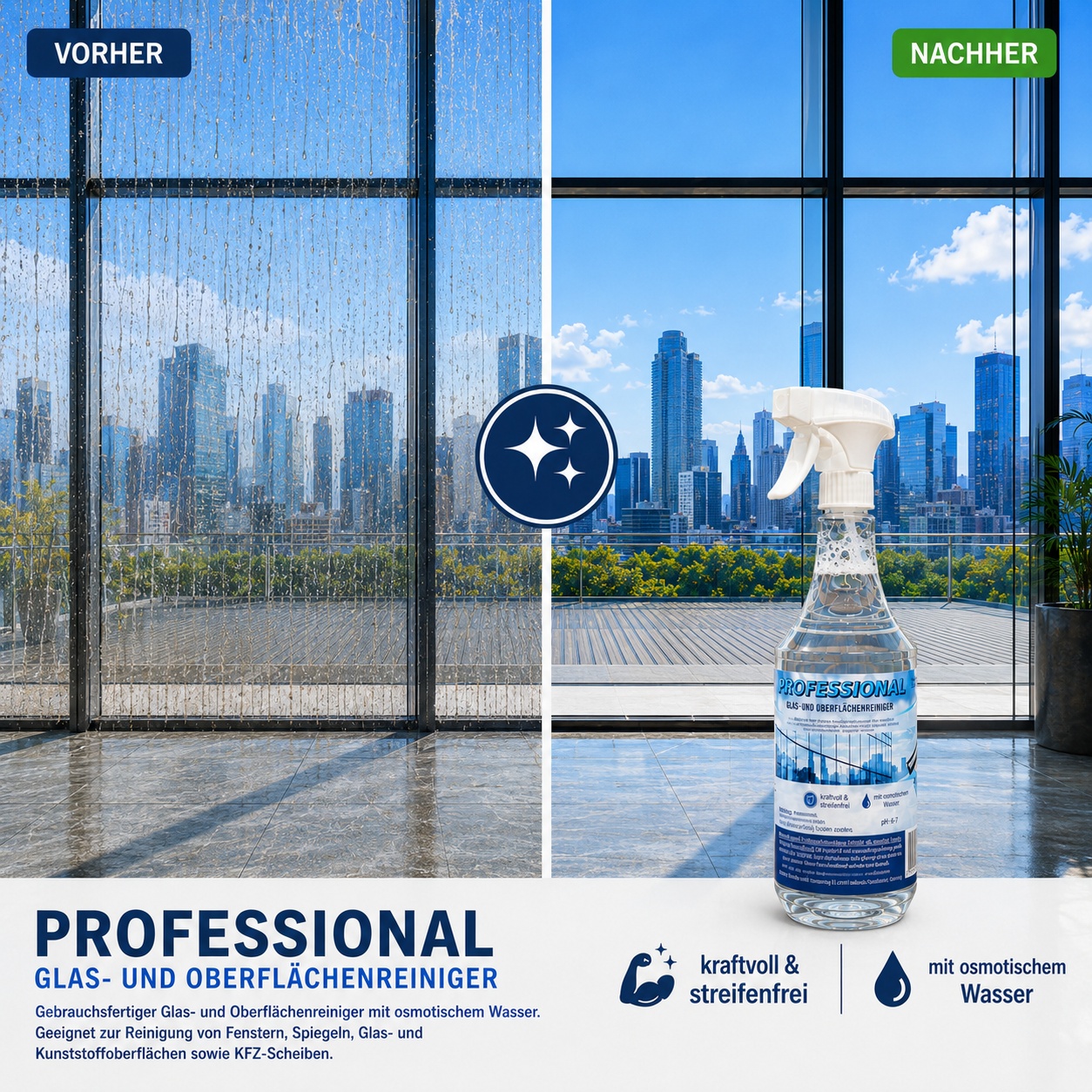 2x Professional Glasreiniger + Microfasertuch mit Osmosewasser Oberflächenreiniger streifenfrei