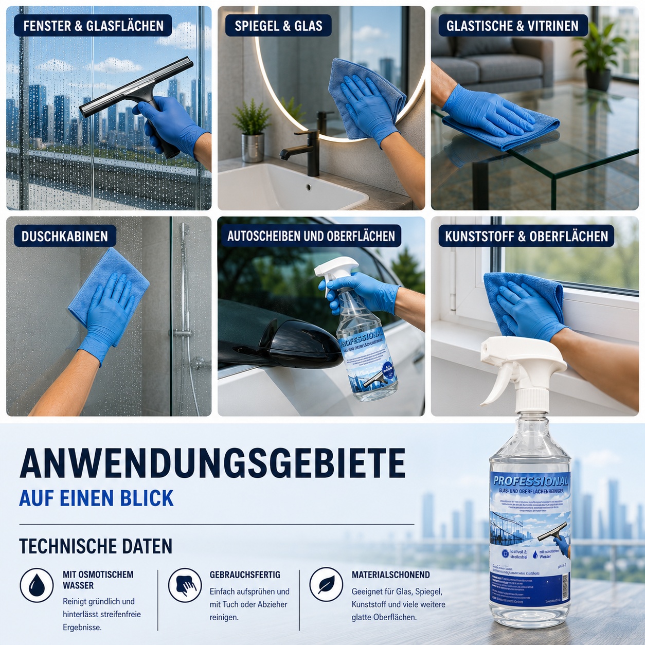 2x Professional Glasreiniger + Microfasertuch mit Osmosewasser Oberflächenreiniger streifenfrei